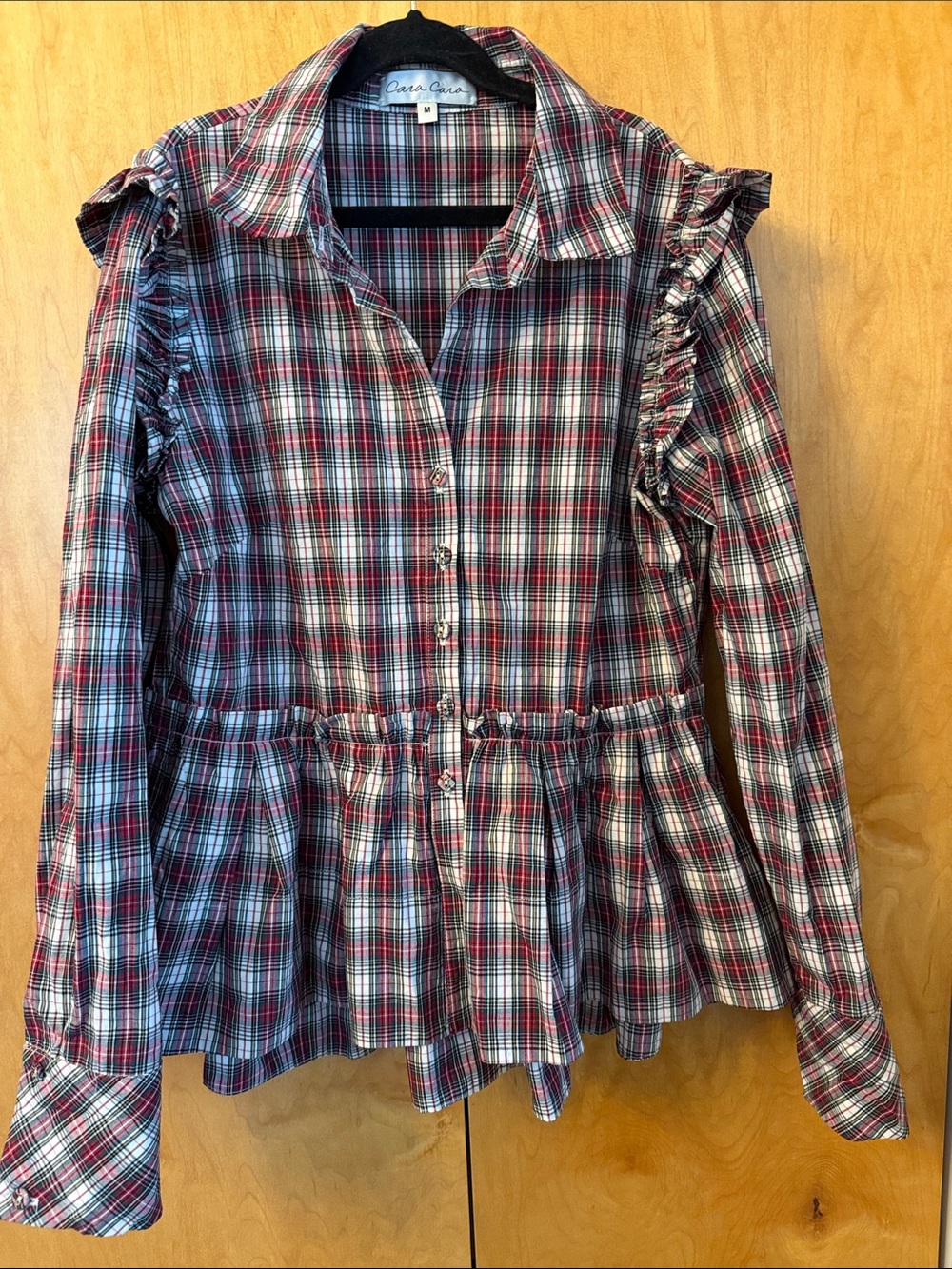 Cara Cara Aurelia Peplum Top in the Tartan Plaid Turtledove pattern size medium